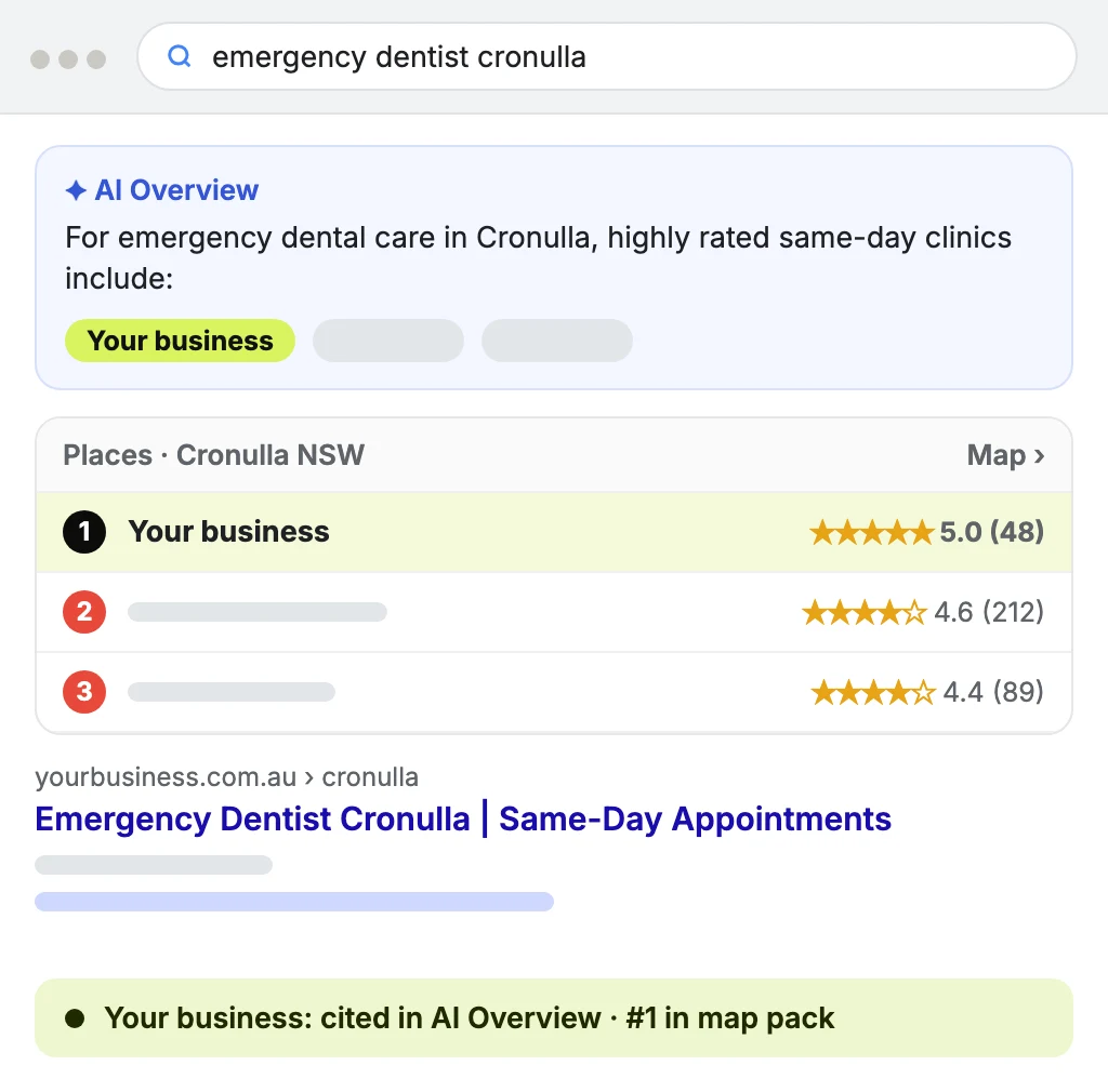 Google result for a Sutherland Shire search with your business cited in the AI Overview and first in the map pack